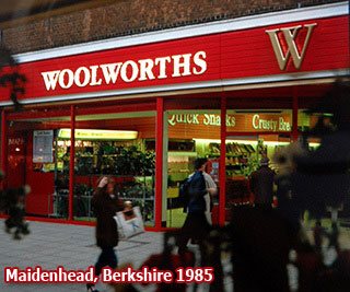 The cornerstone Woolworths in High Street, Maidenhead, Berkshire, pictured in 1985. This was one of the first wave of stores after the company changed its name to include an 'S'. Alternative store front and fascia designs were tested in Orpington, Bedford, East Kilbride, Stockport and Goole.