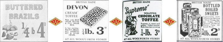 Pre-war miniature adverts for threepenny and sixpenny lines built into impressive double-page newspaper spreads. The approach was used to promote the opening of new flagship Woolworth stores. Sweets feature strongly.