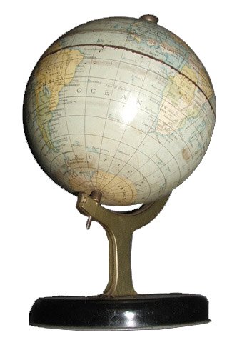 A Chad Valley diecast globe from 1939 - by appointment to Her Majesty the Queen - shows the changing the political scene in Europe, with an englarged Germany following the Anchluss and different borders for Italy too