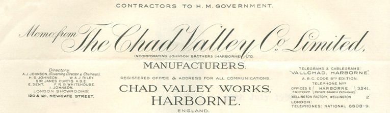 The letterhead of the Chad Valley Company carried the names of the firm's Directors, most of whom were still from the Johnson Family right up to the Second World War