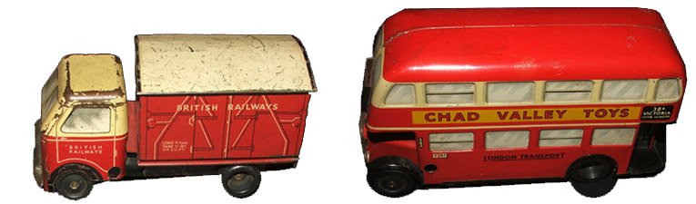 Diecast Chad Valley vehicles from the early Fifties - both the Routemaster Bus and the British Railways lorry had been given a makeover