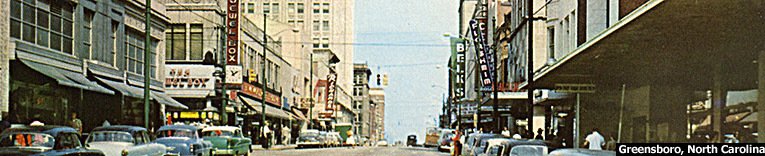 Greensboro, North Carolina pictured in around 1960. The F. W. Woolworth store is on the left of the picture