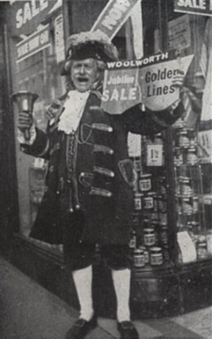 The town crier of Preston in Lancashire, England promotes the F. W. Woolworth Golden Jubilee Sale in 1959