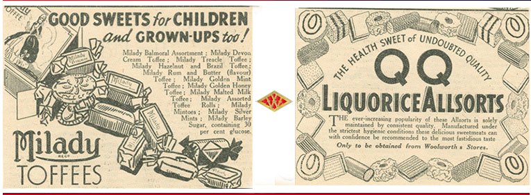 Advertisements for pic'n'mix sweets at Woolworths in 1938 - featuring Milady Toffees and QQQ Liquorice Allsorts