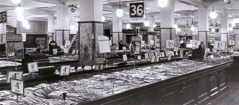 Displays of R & G Cuthbert's seeds dominate the salesfloor of a Woolworths store in 1948. The picture shows that prices were much higher by 1948 but the store layout was largely unchanged since 1939, despite the World War in the intervening years