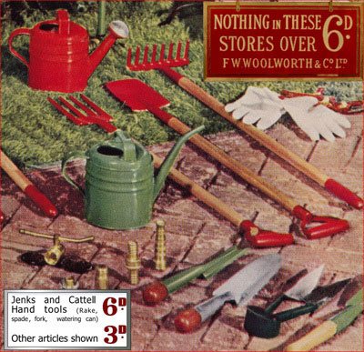 Jenks and Cattell made remarkably resilient garden tools for Woolworth's. In the 1930 shoppers could choose a spade, fork or rake for sixpence, a trowel for threepence, or a dibber for a penny