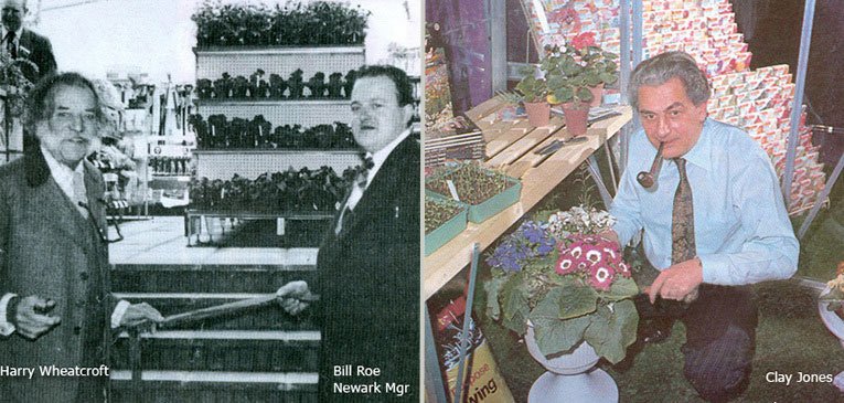 Left: King of the roses, Harry Wheatcroft and Newark Woolworths Manager Bill Roe cut the ribbon to open the firm's first Garden Centre in 1976; right: Clay Jones in a Woolworth Crittall Greenhouse. Jones was behind 'The Gardener's Year' - a comprehensive horticulture training package for Woolworths staff