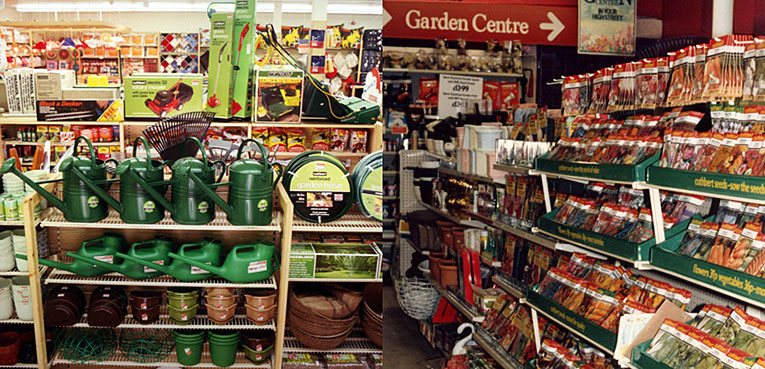 The gardening offer in the smaller Woolworths stores in 1986. On the left, a refurbished 'Woolworths General Store' in Egham, on the right the traditional format store in nearby Camberley, which had a Garden Centre. Hanging banners announced that Woolworths was 'The Garden Centre in your High Street'.