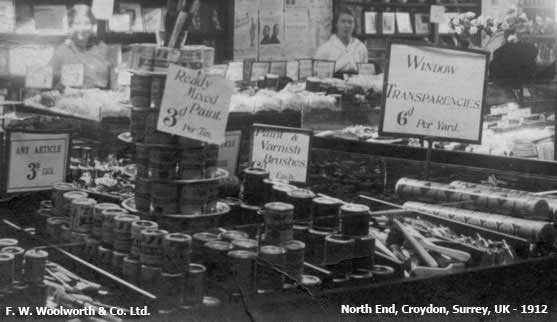 Ready-mixed paint, varnish and brushes all feature in this, the earliest surviving picture of the interior of a British Woolworths store, believed to be North End, Croydon, Surrey in 1912