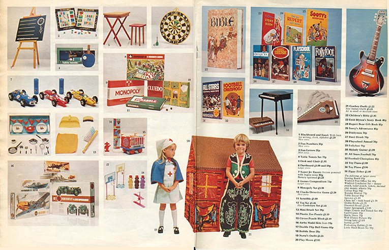 The second of two double-page spreads of Toys in Woolworth's first Christmas Catalogue, which was stapled into the centre of The Radio Times in November 1973